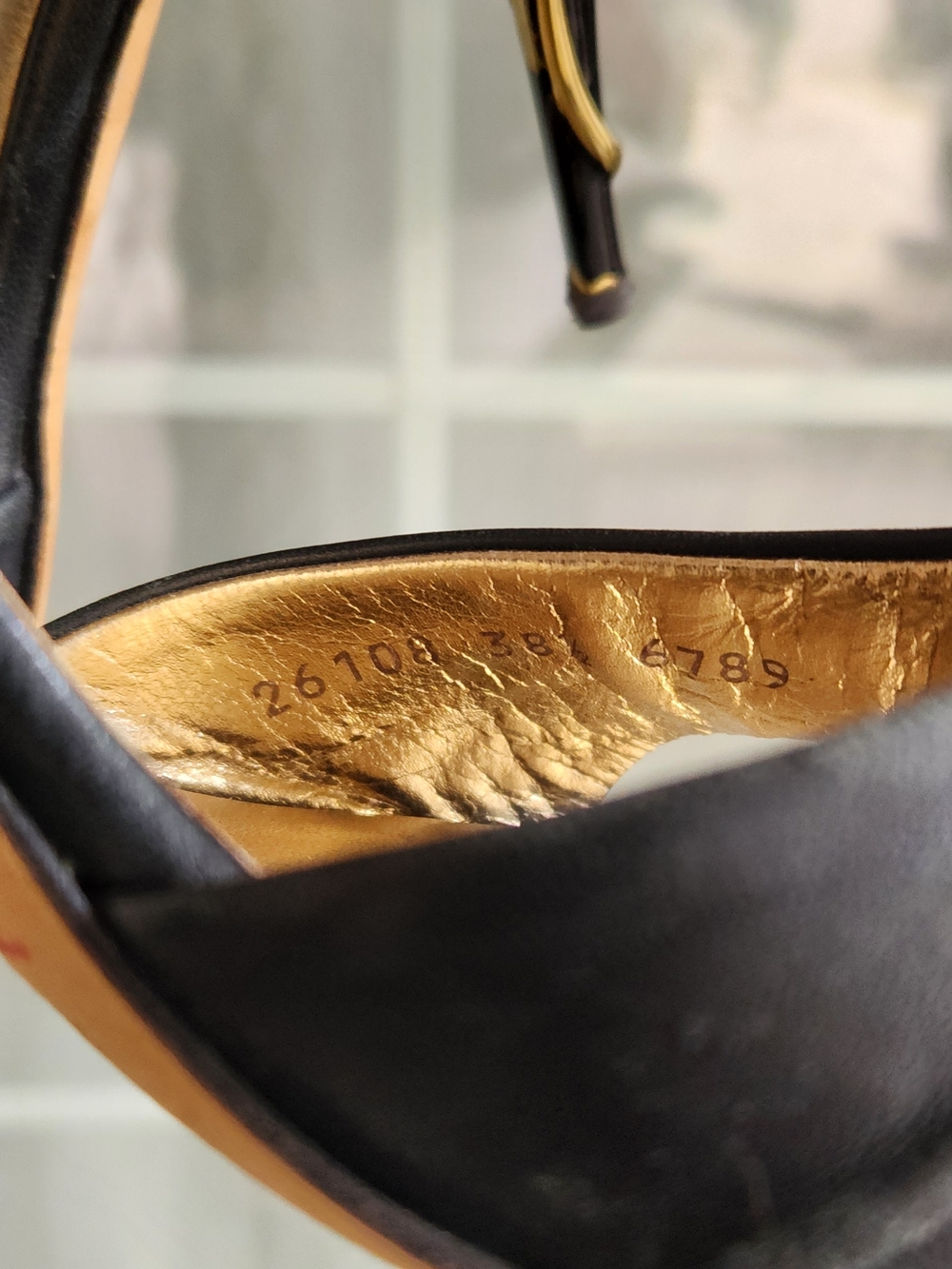 Black Leather Gold-Accent Heeled Sandals - Picture 7 of 9